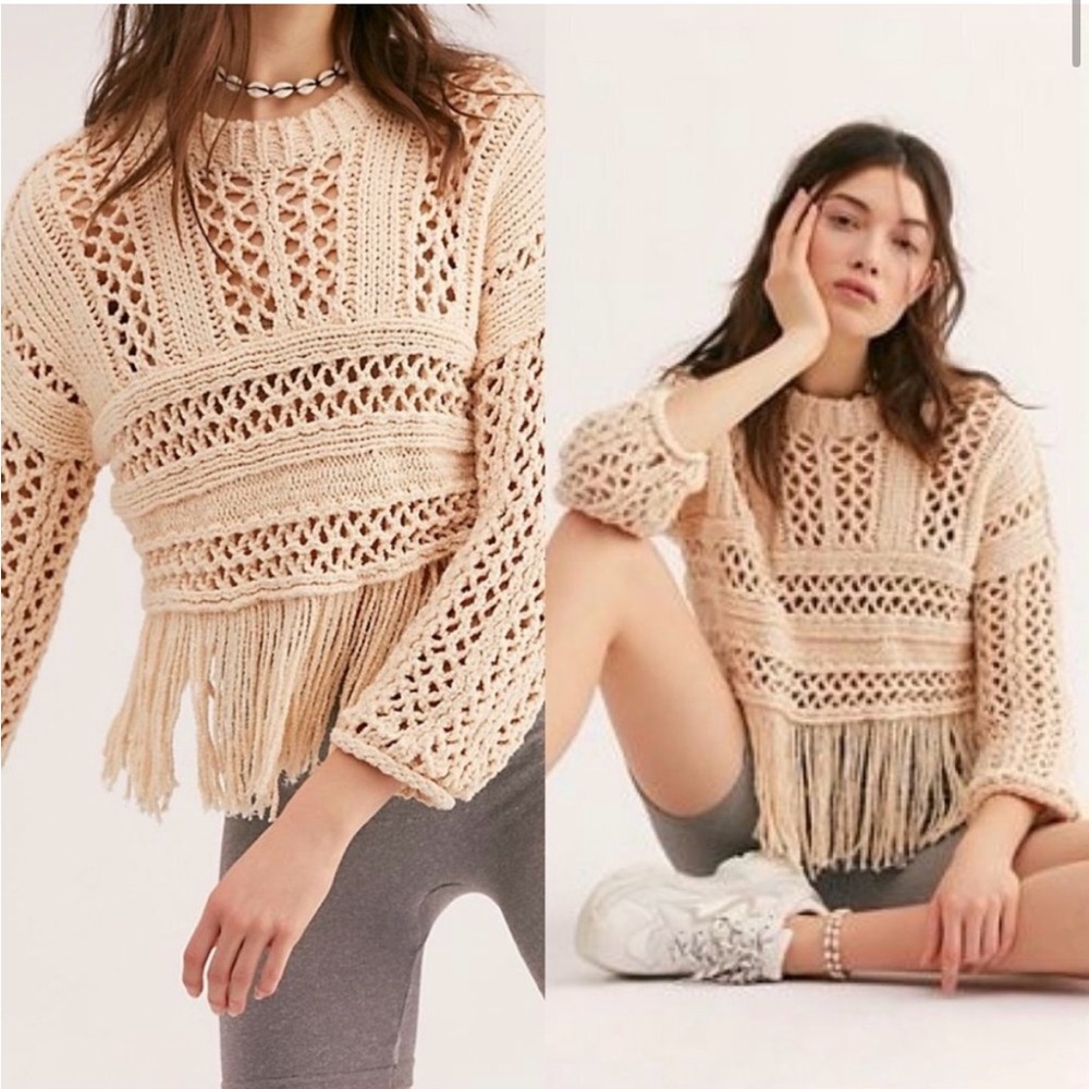 NWT Free People Higher Love Crochet Knit‎ Fringe Boho Sweater Size Medium Hippie